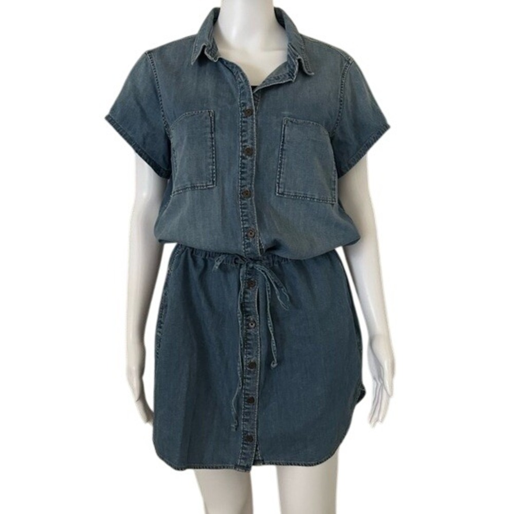 Paige Mila Chambray Button Down Cotton Denim Shirt Dress Drawstring Pockets Med